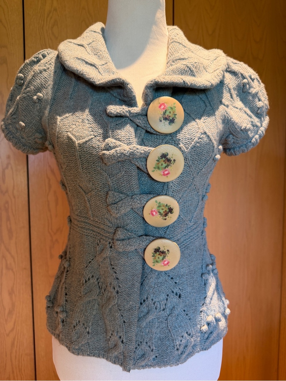 Leifsdottir soft blue Cable Knit Cardigan Jacket Statement Buttons